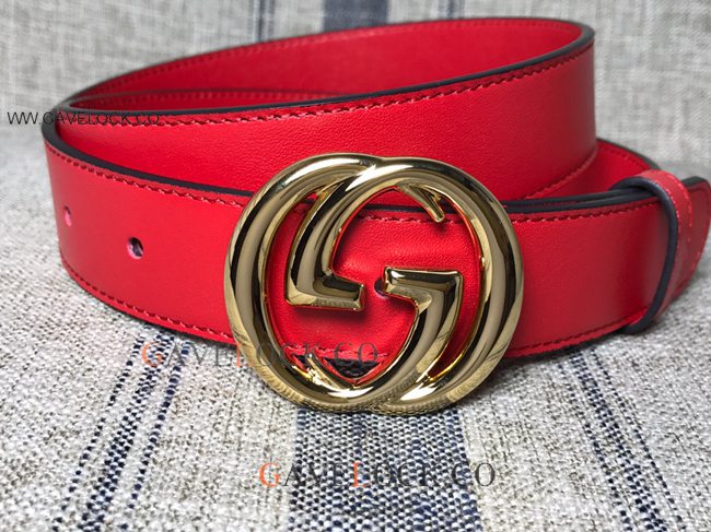 Upscale Gucci Red Leather Belt Double Sided Brass GG Buckle